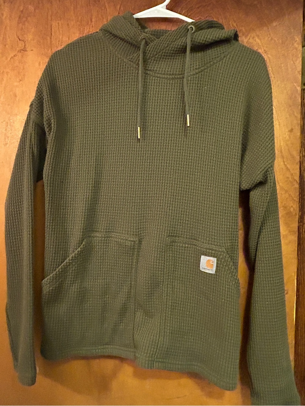 Women’s Carhartt Green Waffle Knit Drawstring Hooded Top Size Small